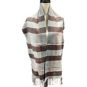 Italian Woolen Treasures Lambswool Scarf Gray Plaid Fringe Old Money Preppy